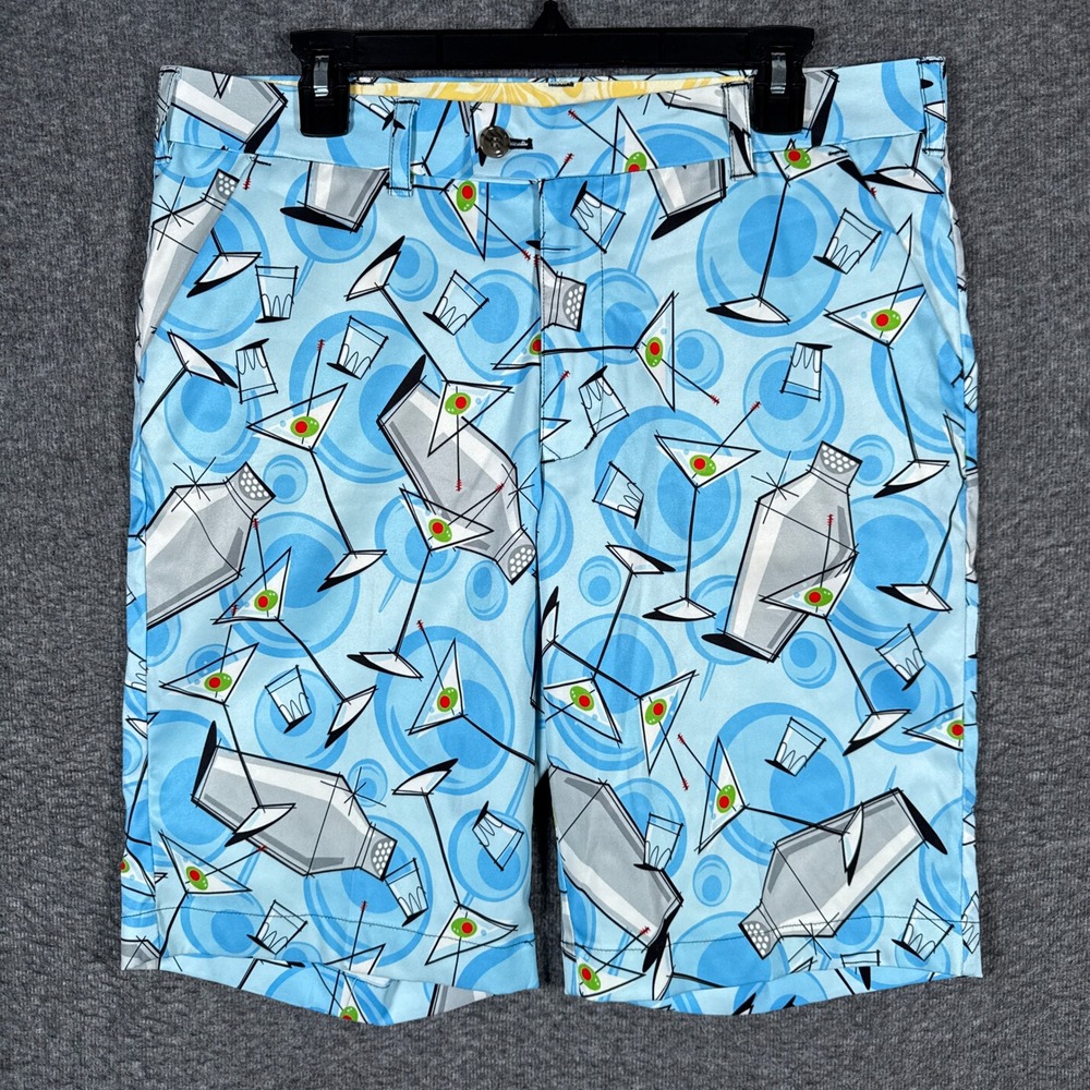 Loudmouth Golf Shorts Mens 34 Blue Martini Shaker Cocktail Print Novelty 11"